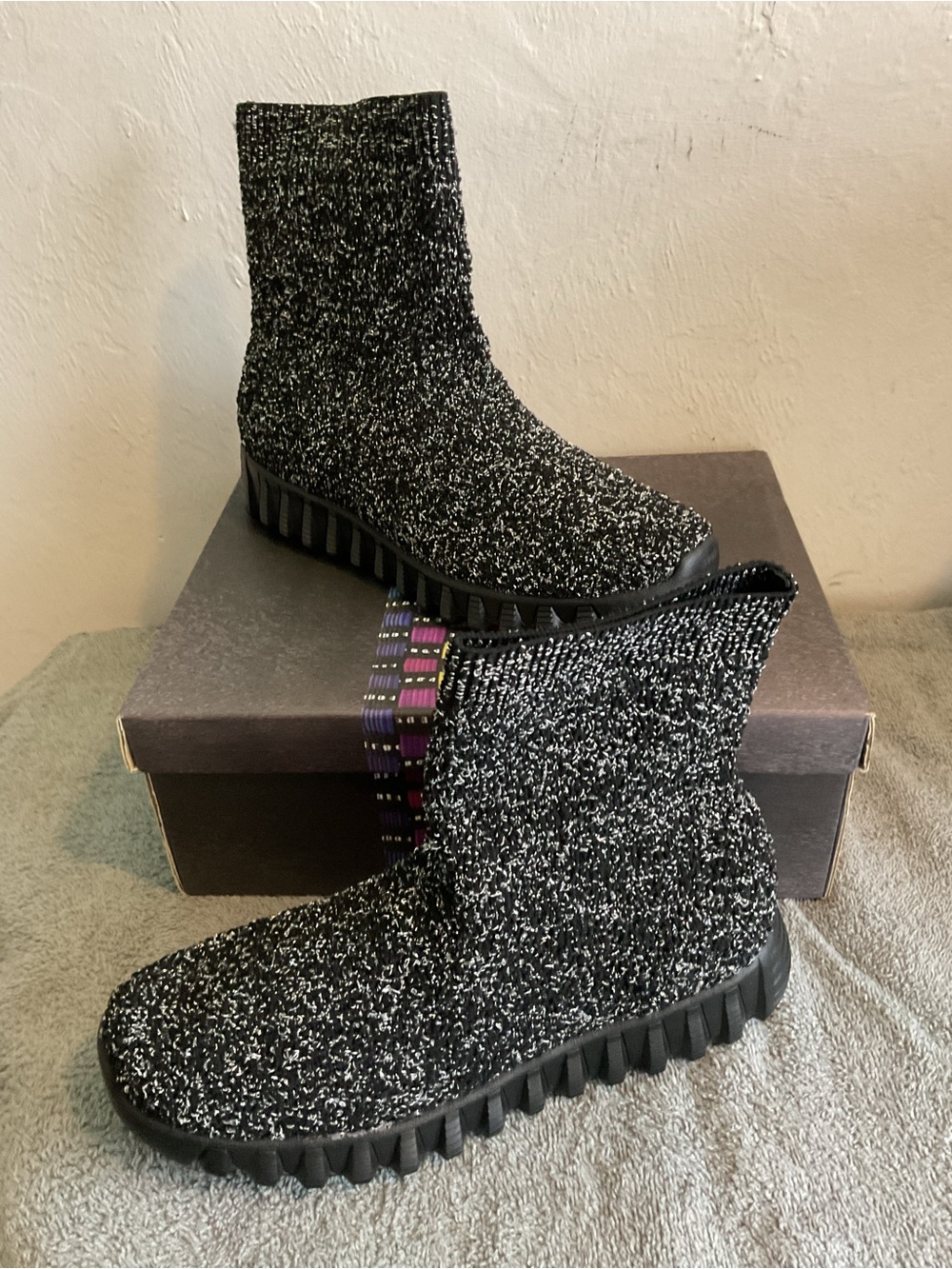 bernie mev. Black & White Knit Sock Booties with Rugged Sole